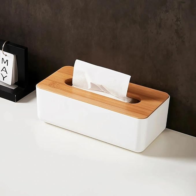 Tissue Box with Bamboo Cover, Plastic Tissue Organizer, Bathroom Tissue - Image 4