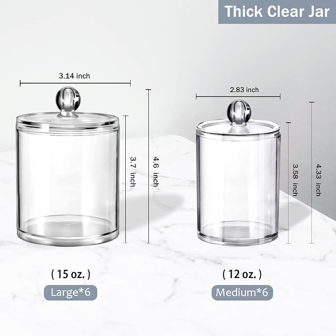 SheeChung 12-Pack Clear Acrylic Apothecary Jars - 10oz & 12oz Qtip Holder Set - - Image 3