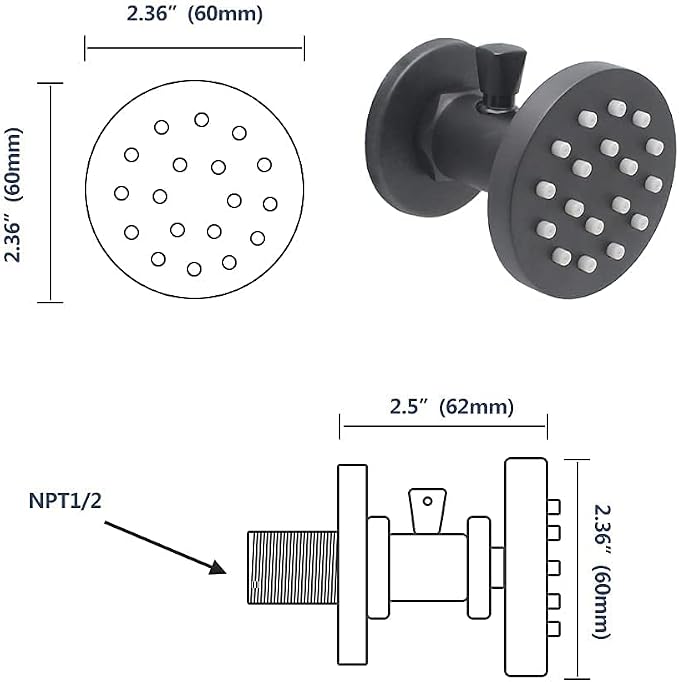 Brass Shower Body Jets with Adjustable Flow, Massage Spa Matte Black Round Body - Image 5