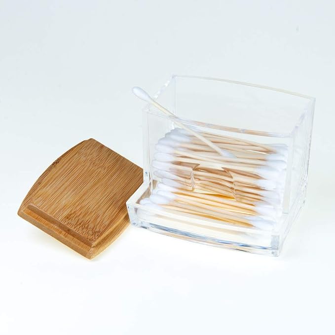 NAGU Acrylic Qtip Holder with Bamboo Lid, Plastic Ear Stick Swabs Holder - Image 2