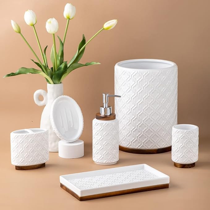 Elegant Bathroom Accessories Set 6 PCS Ceramic and Wood Bathroom Accessory Set - Image 4