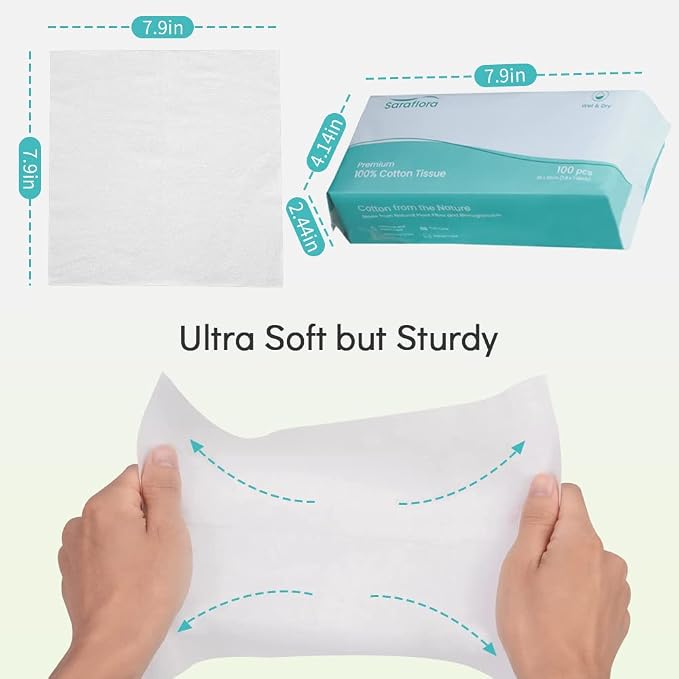 Saraflora 100% Cotton Facial Tissue Soft Dry Wipe 6 Pack, Use - Image 2