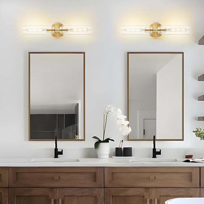 2-Light Brushed Brass Gold Bathroom Light Fixtures Over Mirror Modern Vanity - Image 2