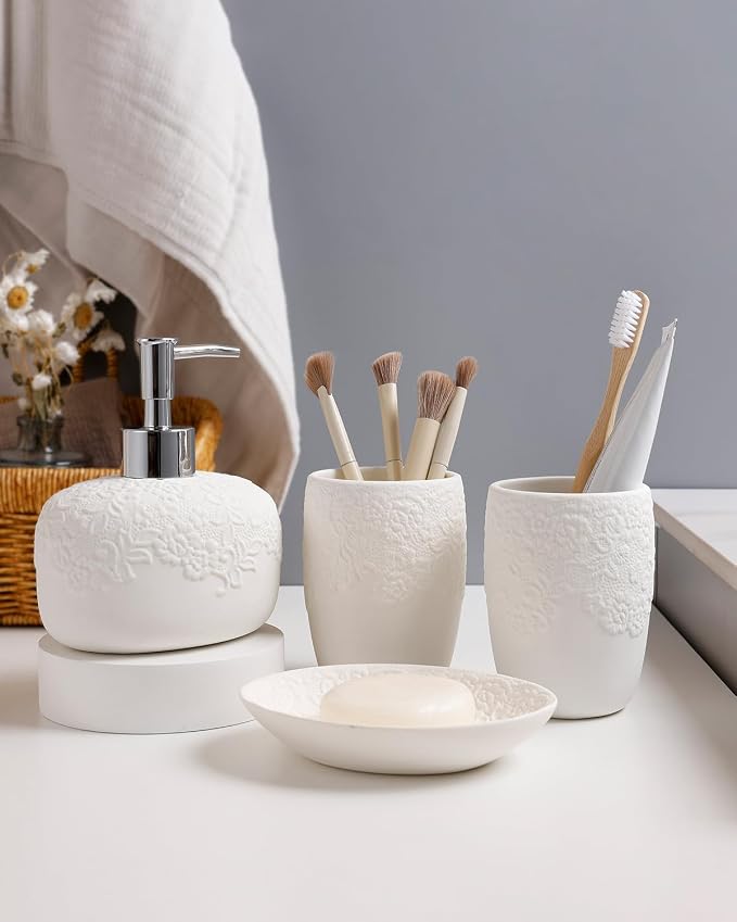 Bathroom Accessories Set with Embossed Design 4PCS, Ceramic White Bathroom - Image 7
