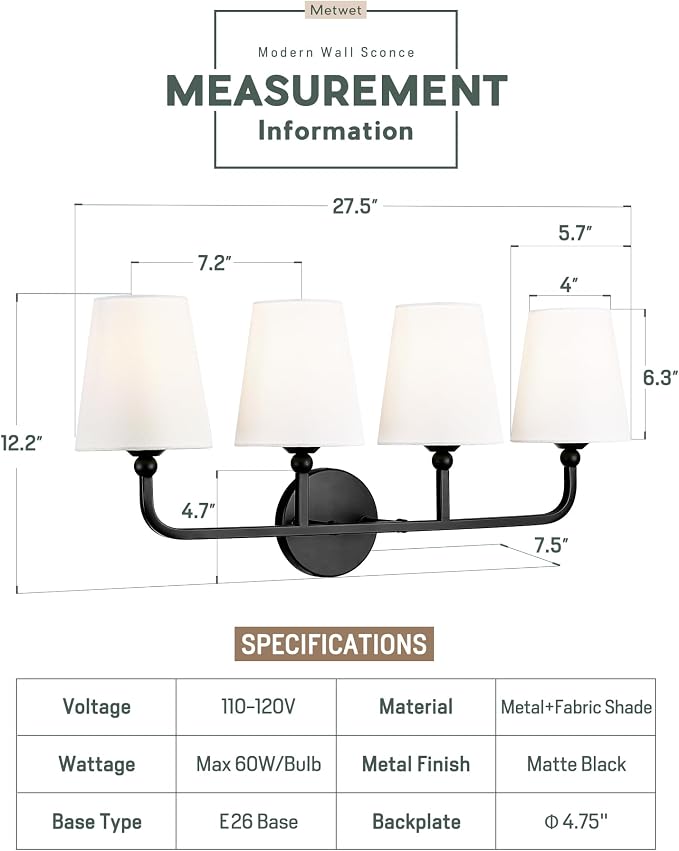 Bathroom Light Fixtures, 4 Light Matte Black Vanity Lights - Image 2
