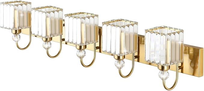 Ralbay Gold Crystal 5-Light Bathroom Vanity Lights Over Mirror Modern Crystal - Image 2