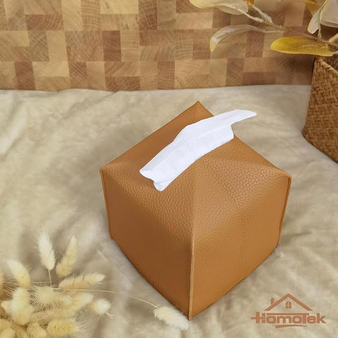 HOMOTEK 2 Pack Tissue Box Cover, Square PU Leather Tissue Holder, Decorative - Image 3