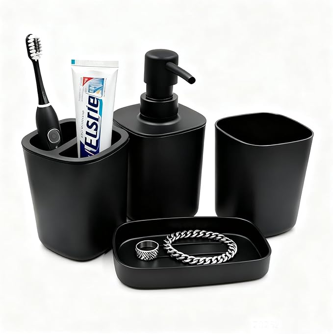 Matte Black Bathroom Accessory Set, 4-Piece Plastic Bathroom Accessory Set by LGURT