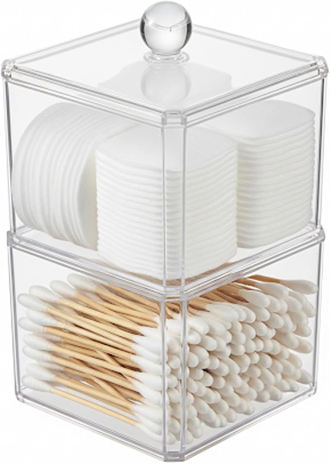 Cotton Swab Holder with Plastic Lid, Double Layer Stackable Bathroom Organizer by Home