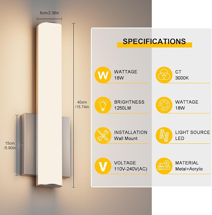 15.7 Inches Modern Bathroom Led Wall Sconces, 18W 3000K Hardwired Wall Light - Image 7