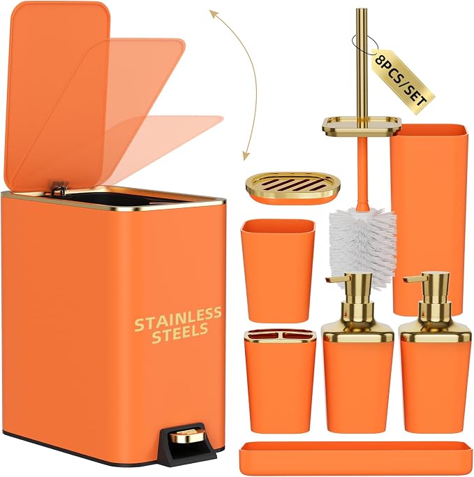 Bathroom Accessories 8 Piece Orange and Gold Bathroom Set, Bath Accessories by BetterbathroomwithXLHOME