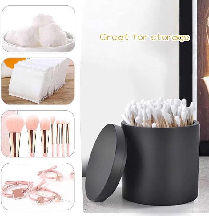 Cotton Swab Holder with Lid, Round Qtip Holder Bathroom Black, Resin Cotton - Image 5