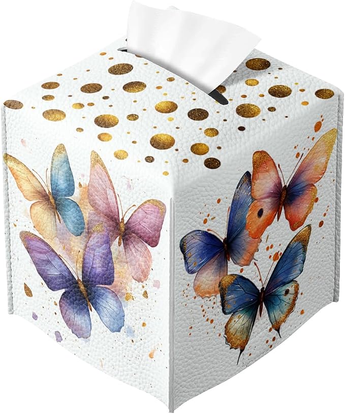Butterfly Tissue Box Cover Metallic Gold Accents Blue Orange Art Leather Tissue by Unknown