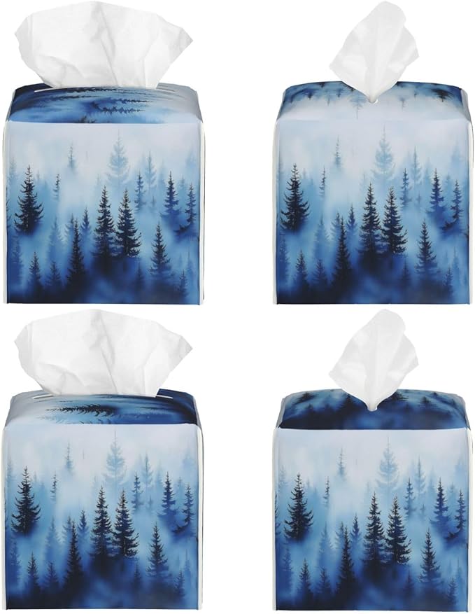 Blue Forest Tree Tissue Box Cover Square Leather Tissue Holder Decorative - Image 2