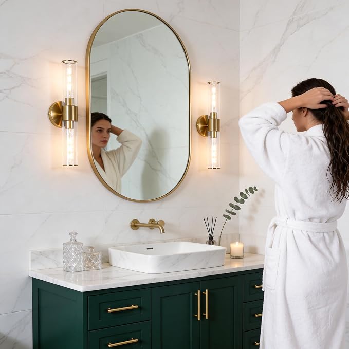 Gold Wall Sconces Set of 2, Hardwired Bathroom Vanity Light Fixture, Brass - Image 2