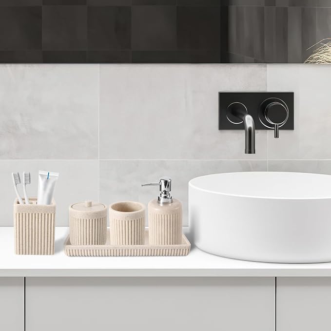 Resin Beige Bathroom Accessories Set 5 Pcs, Lotion Soap Dispenser, Toothbrush - Image 8