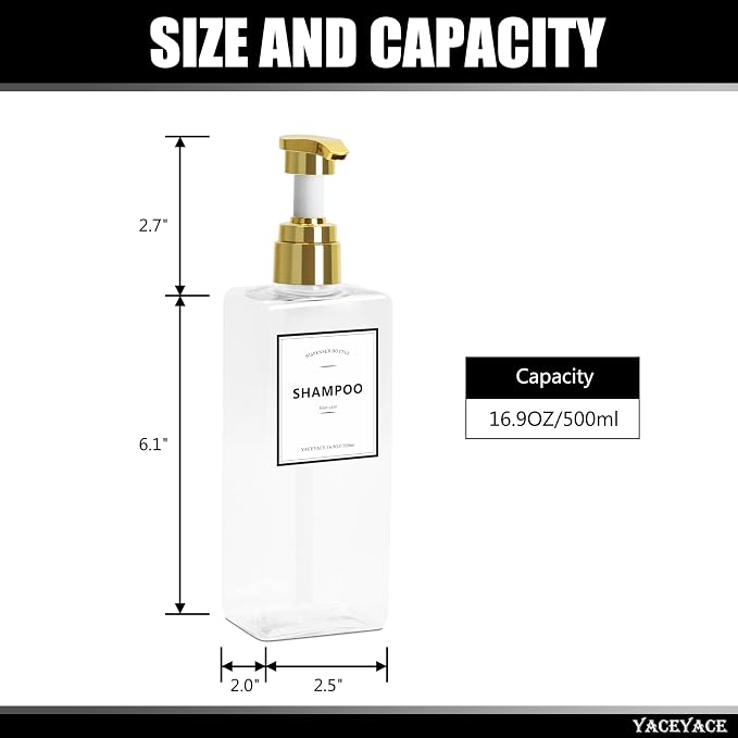 Shampoo Dispenser Bottles with Gold Pump, YACEYACE 16.9oz Set of 3 Clear - Image 3
