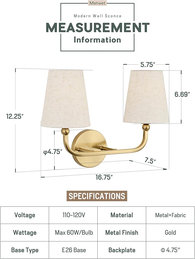 2-Light Bathroom Light Fixtures, Brushed Gold Vanity Lights, Double Wall Sconce - Image 2