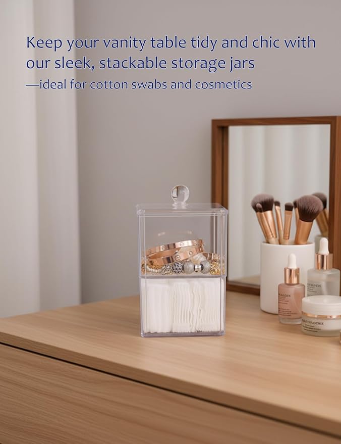 Cotton Swab Holder with Plastic Lid, Double Layer Stackable Bathroom Organizer - Image 4