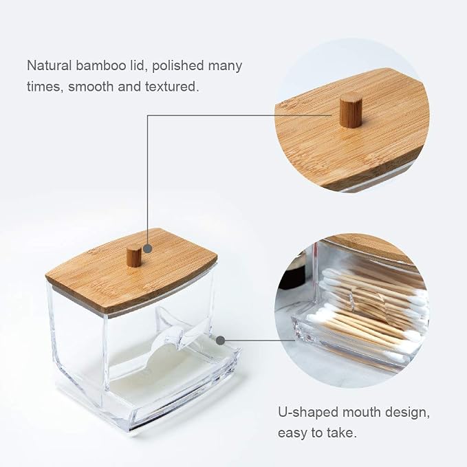 NAGU Acrylic Qtip Holder with Bamboo Lid, Plastic Ear Stick Swabs Holder - Image 3