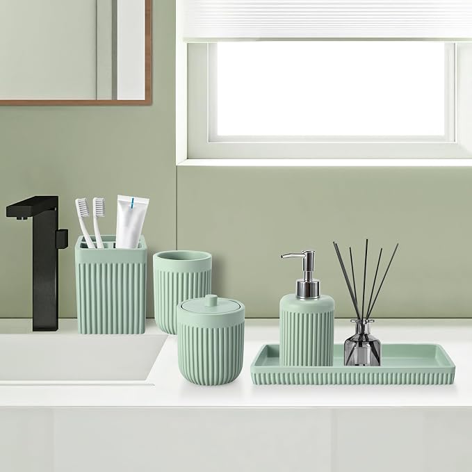 Resin Light Green Bathroom Accessories Set 5 Pcs, Lotion Soap Dispenser - Image 7