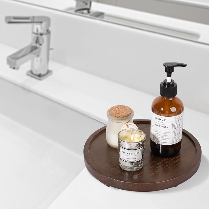 Round Decorative Tray Wood Bathroom Counter Organizer Farmhouse Kitchen Decor - Image 4