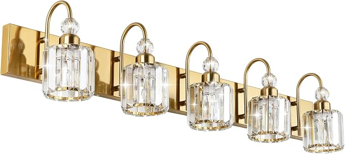 Ralbay Crystal Vanity Lights 5-Lights Brass Gold Over Mirror Modern Bathroom by RalbayLighting