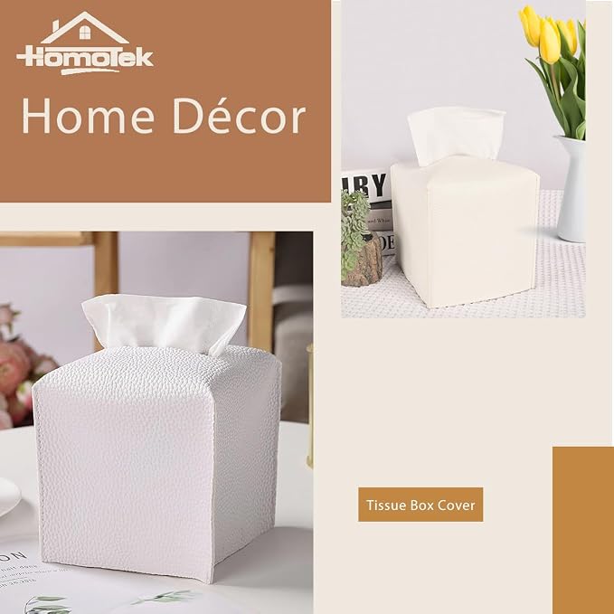 HOMOTEK 2 Pack Tissue Box Cover, Square PU Leather Tissue Holder, Decorative - Image 6