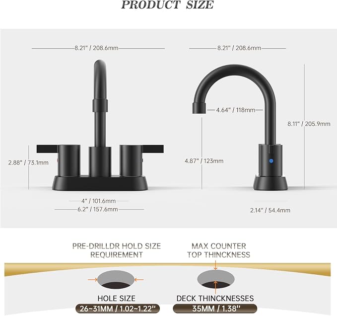 Phiestina 4 Inch 2 Handle Centerset Matte Black Lead-Free Modern Bathroom - Image 6