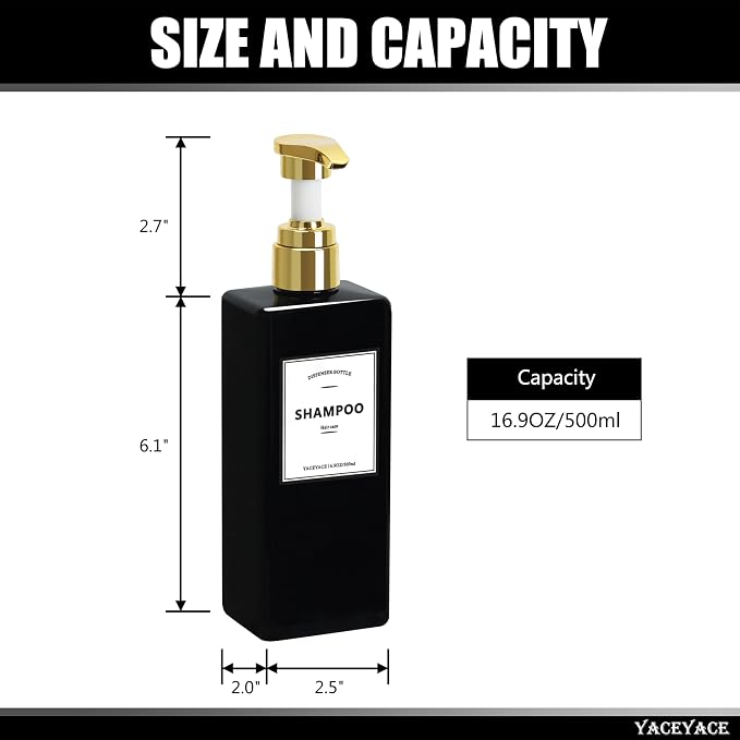 Black Shampoo Bottles with Gold Pump YACEYACE 16.9oz Set of 3 Shampoo and - Image 3