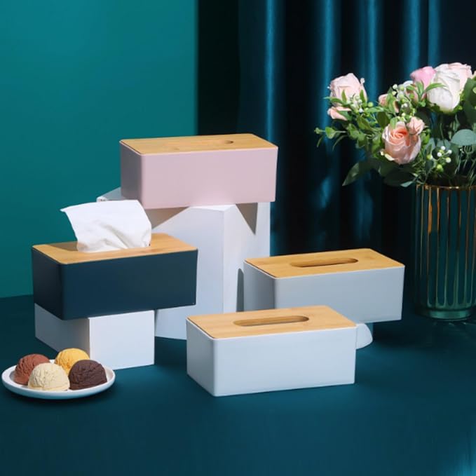 Tissue Box with Bamboo Cover, Plastic Tissue Organizer, Bathroom Tissue - Image 9