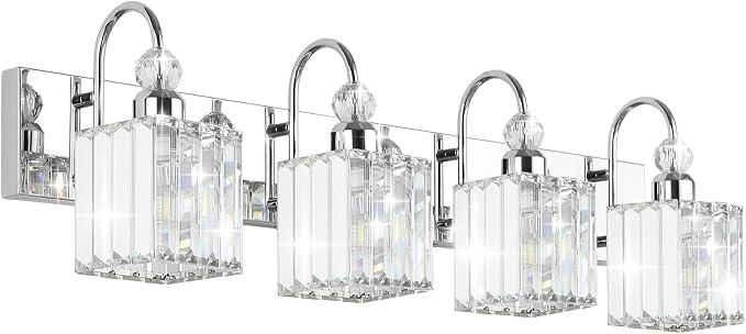 Ralbay Chrome Crystal Vanity Light 4-Lights 31.5'' Modern Bathroom Wall by RalbayLighting