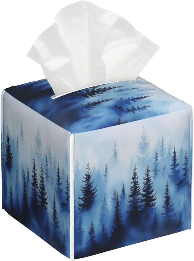 Blue Forest Tree Tissue Box Cover Square Leather Tissue Holder Decorative by HOYYU