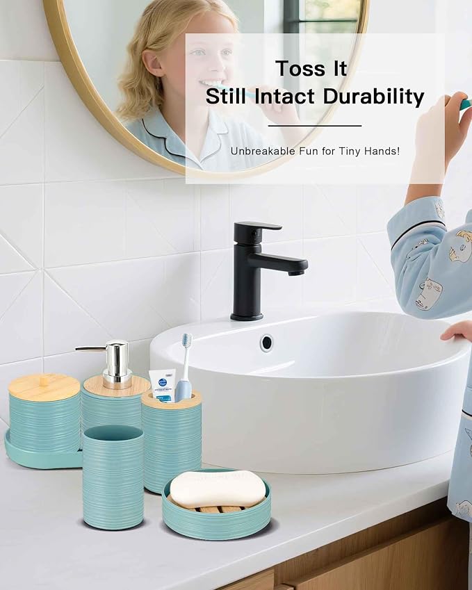 IMAVO Blue Bathroom Set, Trash Can, Soap Dispenser, Soap Dish, Toothbrush Holder - Image 3