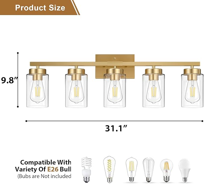 IZORRO Modern Bathroom Light Fixtures, 5 Light Brushed Gold Vanity Lights - Image 3