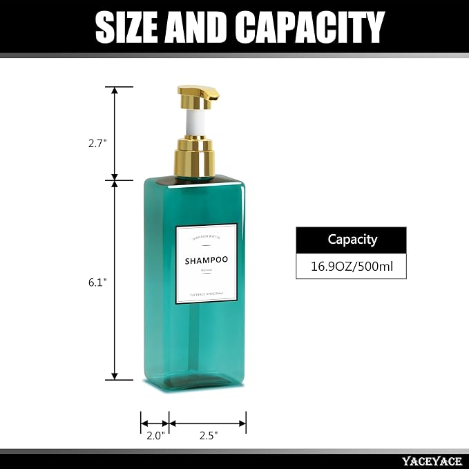 Shampoo Bottles with Gold Pump YACEYACE 16.9oz Set of 3 Empty Shower Bottles - Image 2