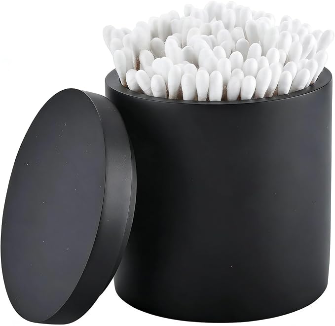 Cotton Swab Holder with Lid, Round Qtip Holder Bathroom Black, Resin Cotton by Rzoeox