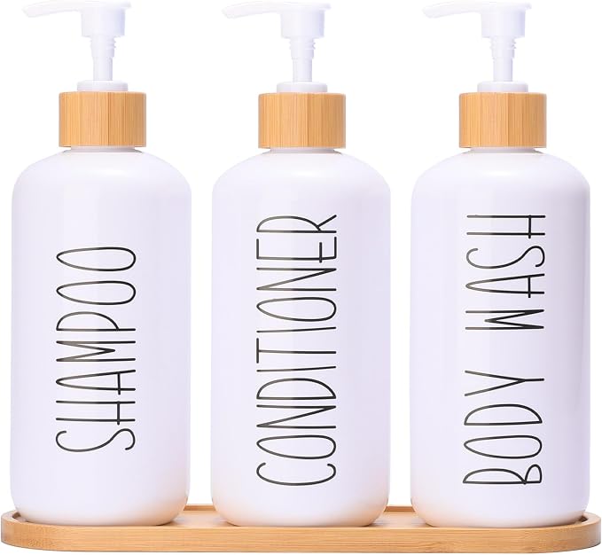 MOMEEMO White Shampoo and Conditioner Dispenser Set, Contains 3 Extra-Thick PET by MOMEEMO