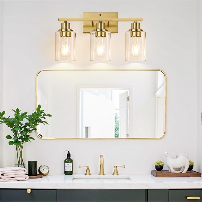 3-Light Vanity Lights with Clear Glass Shades, Brushed Gold Bathroom Light - Image 6