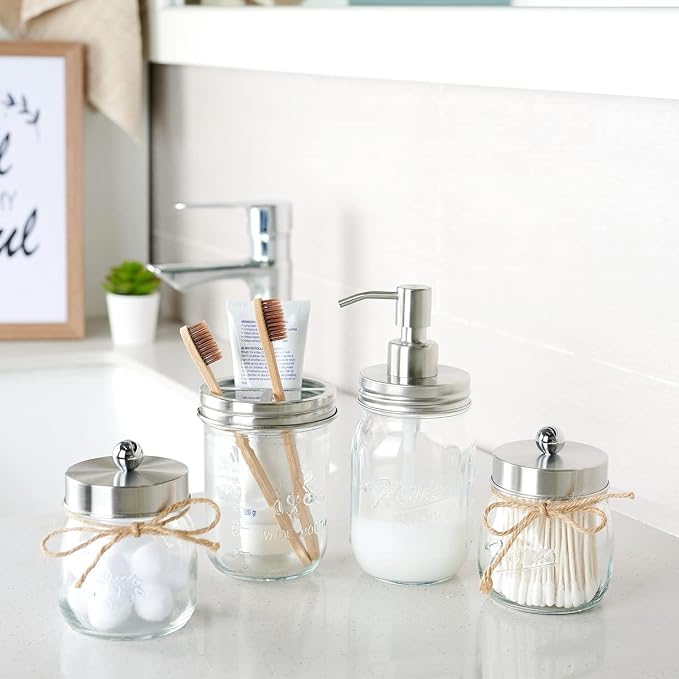Amolliar Mason Jar Bathroom Accessories Set -Lotion Soap Dispenser & 2 Qtip - Image 6