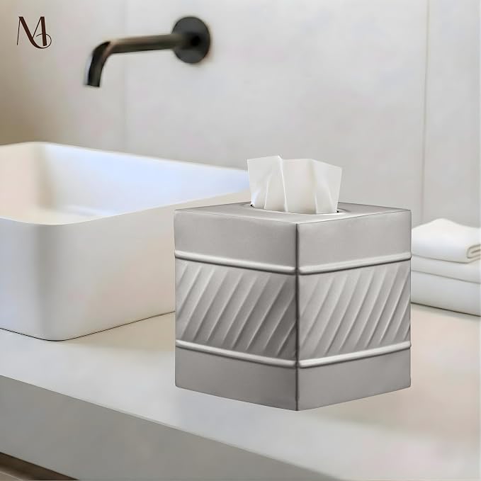 Monarch Abode Tissue Box Cover Square – Handcrafted Wave Embossed Pewter Metal - Image 3