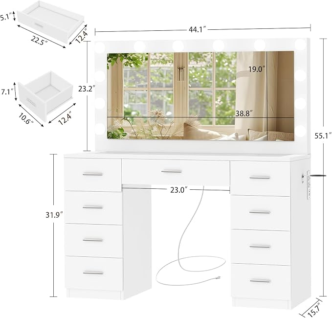 Quimoo Vanity Desk with Glass Top & Large Lights Mirror, 3 Adjustable Lighting - Image 8