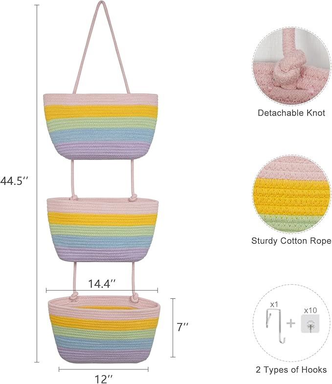 TeoKJ Over the Door Organizer, 3-Tier Woven Cotton Hanging Storage Baskets - Image 2