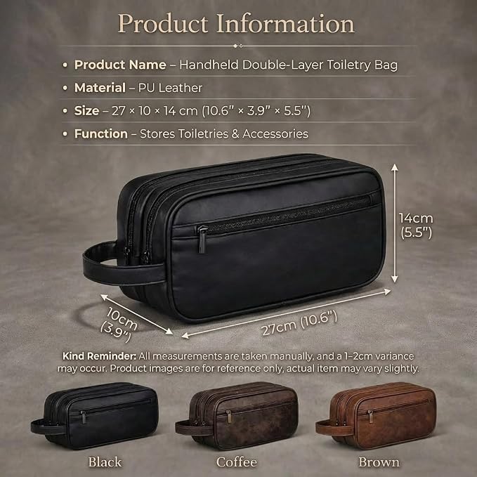 Men’s Toiletry Bag Travel Dopp Kit–double-deck PU Leather Water-Resistant - Image 4