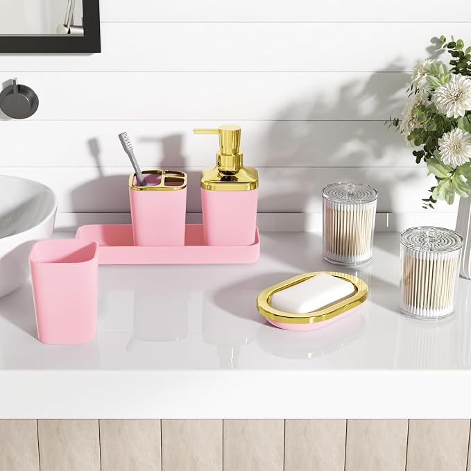 Pink Bathroom Accessories Set, Soap Dispenser, Soap Dish, Toothbrush Holder and - Image 6