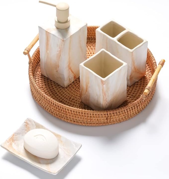 Bathroom Accessories Set 4 Pcs Marble Look Sets Toothbrush Holder Soap - Image 6