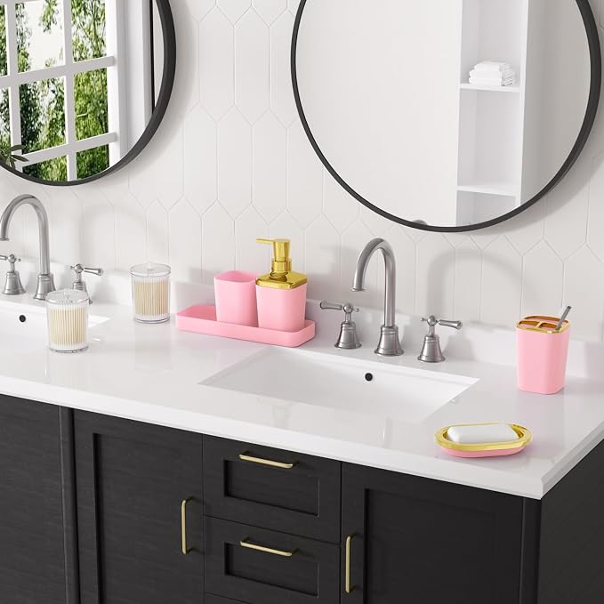 Pink Bathroom Accessories Set, Soap Dispenser, Soap Dish, Toothbrush Holder and - Image 2