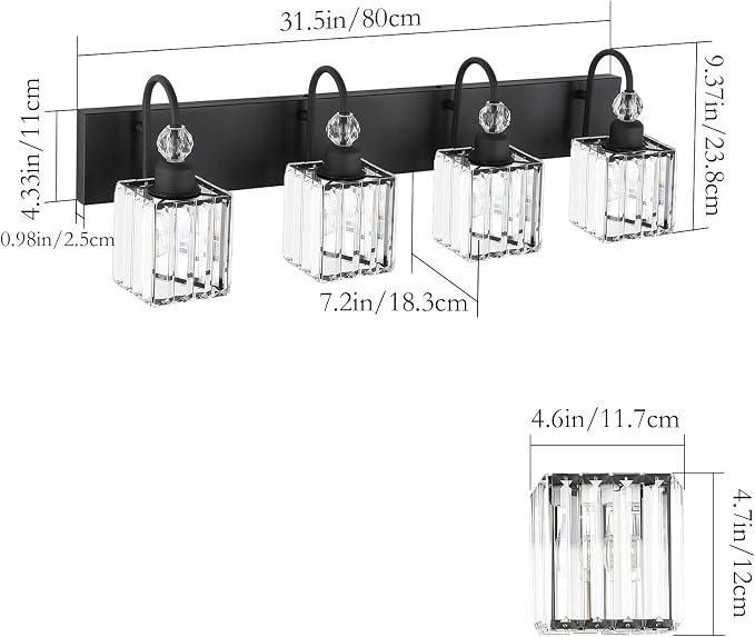 Ralbay Matte Black Crystal Vanity Light 4 Light Modern Crystal Bathroom - Image 7