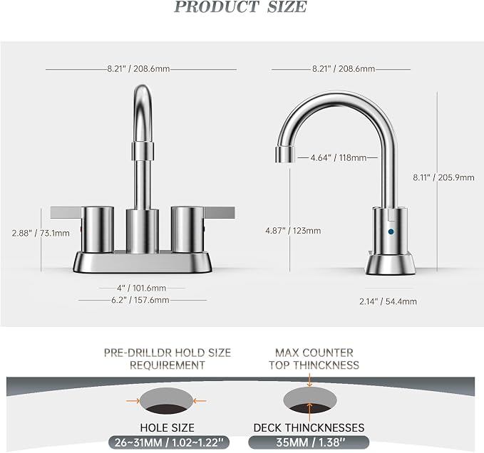 Phiestina Brushed Nickel 4 Inch 2 Handle Centerset Lead-Free Bathroom Sink - Image 6