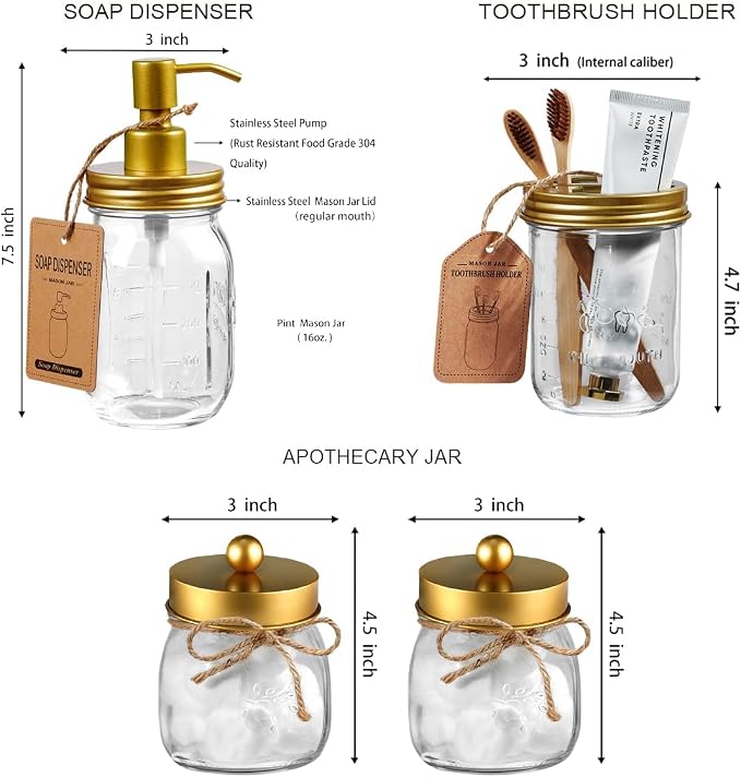 Amolliar Mason Jar Bathroom Accessories Set -Lotion Soap Dispenser & 2 Cotton - Image 5